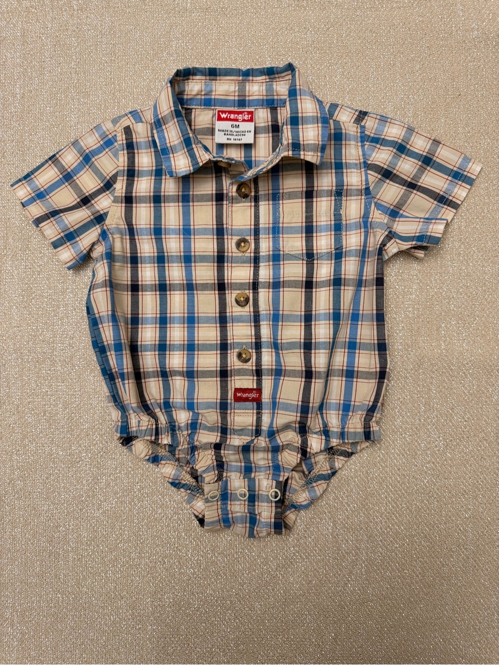 Wrangler Blue & Cream Plaid Short-Sleeve Button Romper Sz 6M